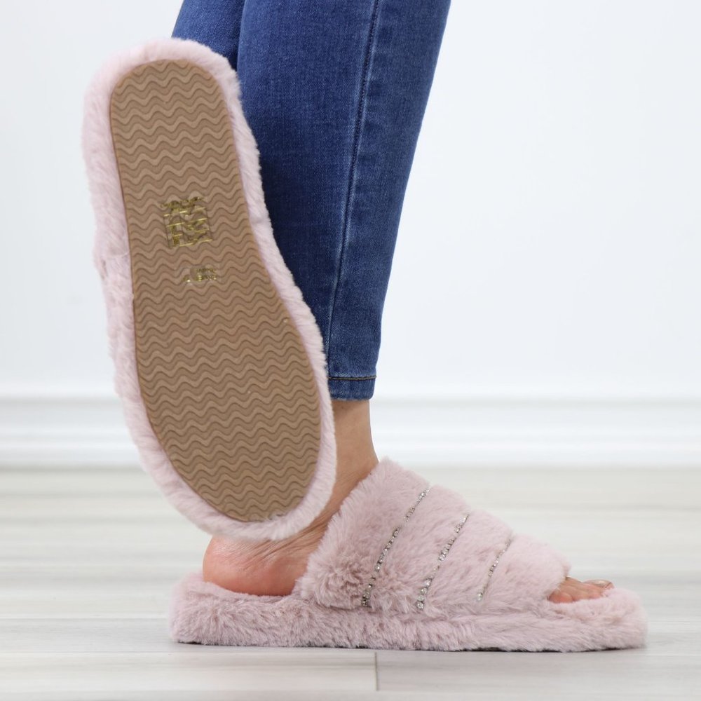 Pink Puff Fuzzy Fluffy Slip On Plush Slippers Diamond Accents - Picture 6 of 16
